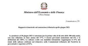 Contenzioso tributario, dati MEF aprile giugno 2021: le controversie pendenti scendono sotto le 300 mila