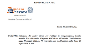Super ACE 2021, pronto il codice tributo per la compensazione con F24 del credito d'imposta