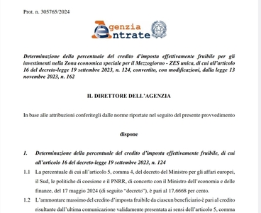 Credito d'imposta Zes Sud tagliato al 17,66 per cento