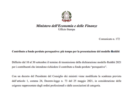 Fondo perduto perequativo: ufficiale la proroga al 30 settembre