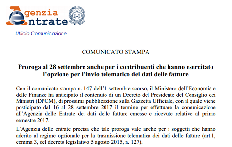 Spesometro 2017: proroga al 28 settembre anche per la fatturazione elettronica