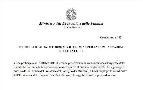 Ufficiale: proroga spesometro al 16 ottobre 2017. Comunicato stampa MEF