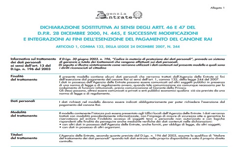 Esenzione Canone RAI 2016: fac simile modulo di domanda AdE