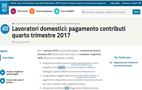 Scadenza contributi INPS lavoratori domestici IV trimestre 2017