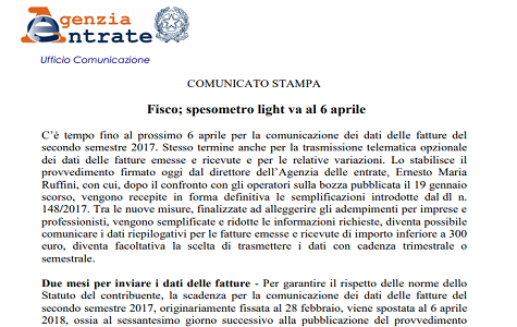 Ufficiale: proroga spesometro al 6 aprile 2018