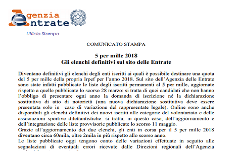 5 per mille 2018: elenco definitivo Agenzia delle Entrate