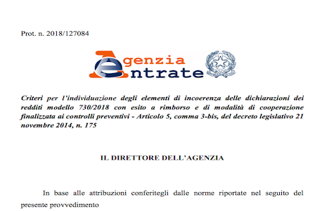 Modello 730/2018: approvati i criteri per l'individuazione degli elementi di incoerenza
