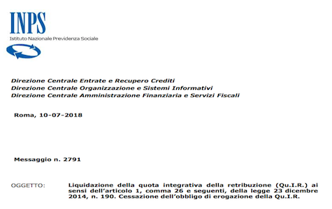 Quota TFR in busta paga: cessazione dell'obbligo di erogazione a partire da luglio 2018
