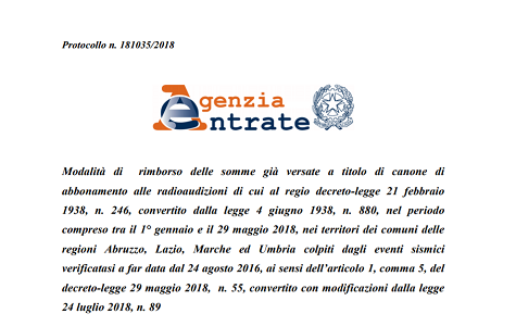 Rimborso Canone Rai, istruzioni per i comuni del Centro Italia