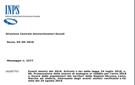 Eventi sismici 2016, proroga delle misure di sostegno al reddito anche nel 2018