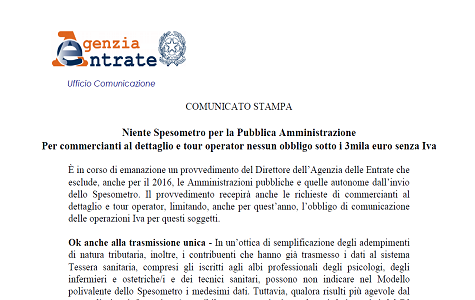 Spesometro 2017: comunicato stampa Agenzia delle Entrate