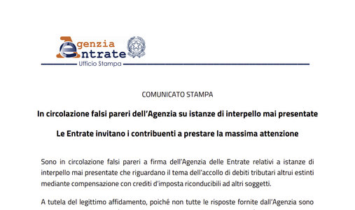 Debiti tributari, l'Agenzia delle Entrate mette in guardia: “Attenzione ai falsi interpelli”