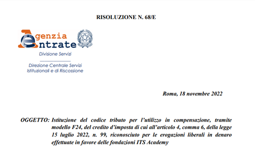 Bonus per chi sostiene la formazione degli ITS: istituito il codice tributo per l'utilizzo