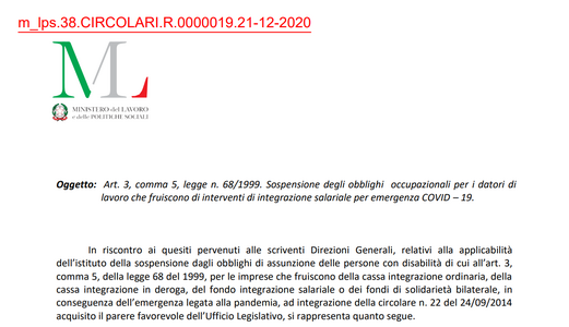 Cassa integrazione, la CIG Covid congela l'obbligo di assunzione di lavoratori disabili