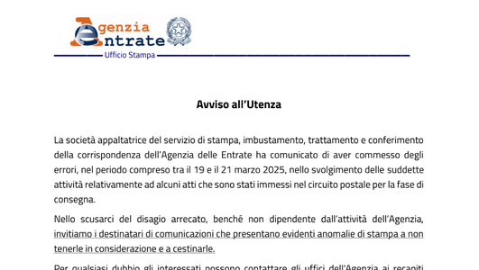 Comunicazioni postali errate dall'Agenzia delle Entrate