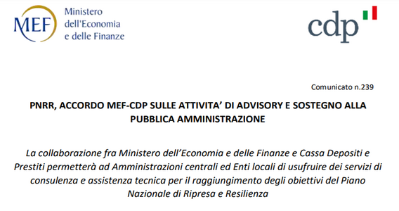 PNRR, accordo tra MEF e Cassa Depositi per assistere le PA