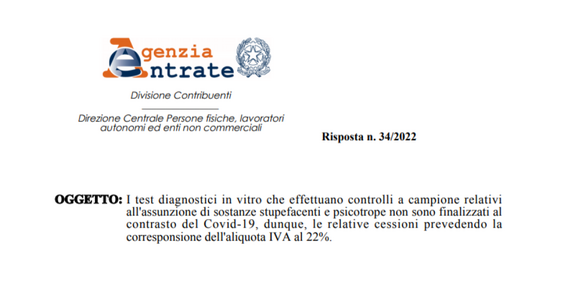 IVA test antidroga, si applica l'aliquota ordinaria al 22 per cento
