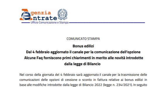 Cessione del credito 2022, comunicazione sbloccata dal 4 febbraio e nuove FAQ delle Entrate