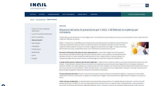 Domanda riduzione tasso prevenzione 2022, INAIL: invio entro la scadenza del 28 febbraio 2022