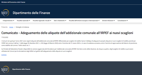 IRPEF 2022, entro il 31 marzo le nuove aliquote dei Comuni. Dal MEF il simulatore