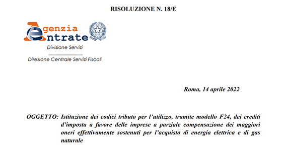 Bonus energia e gas 2022, quattro nuovi codici tributo per le imprese