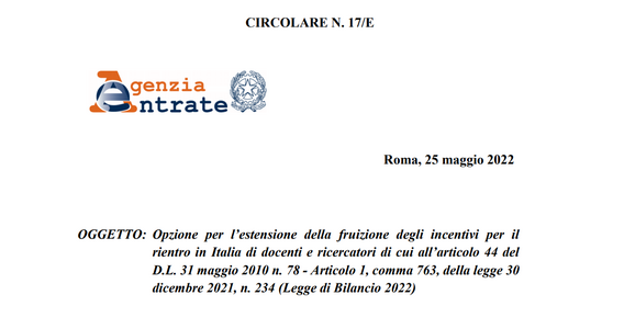Rientro dei cervelli 2022, nuove istruzioni sulla verifica dei requisiti per la proroga delle agevolazioni