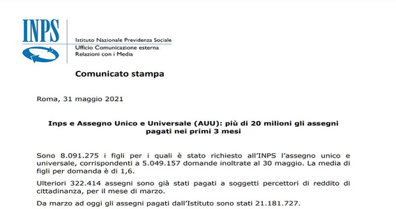 Assegno unico, domande di maggio pagate in anticipo