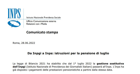 Pensione giornalisti, passaggio all'INPS dal 1° luglio: ritiro in contanti nel caso di IBAN non idoneo