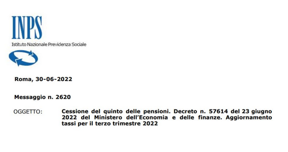 Cessione del quinto delle pensioni, tassi aggiornati dal 1° luglio al 30 settembre 2022