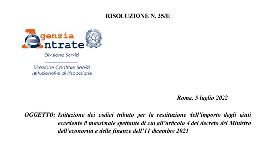 Aiuti di Stato Covid, restituzione degli importi oltre il massimale: il codice tributo da utilizzare