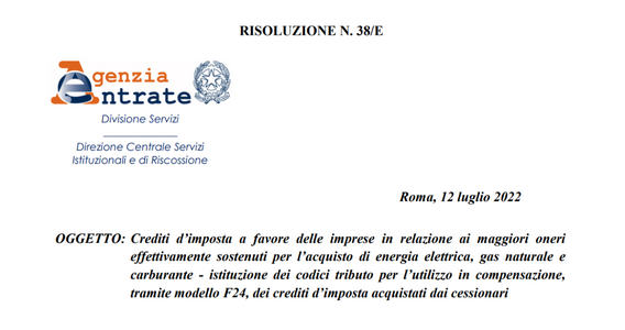 Cessione crediti bonus energia, disponibili i codici tributo per la compensazione con modello F24