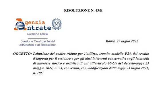 Immobili di interesse storico e artistico: il codice tributo per la compensazione del credito con F24