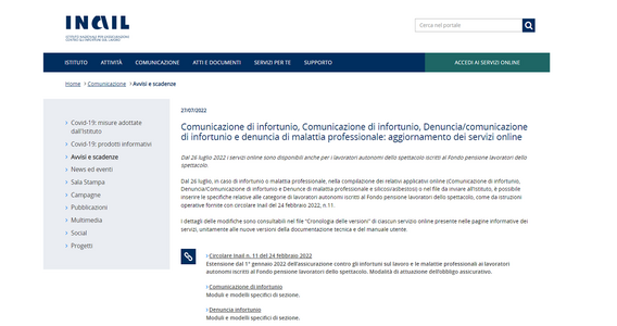 Lavoratori dello spettacolo: disponibili i servizi online per denuncia di infortunio INAIL