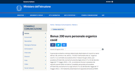 Bonus 200 euro anche per il personale Covid della scuola: domanda all'INPS entro il 31 ottobre