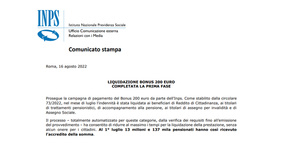 Pagamento bonus 200 euro, INPS: completata la prima fase, a ottobre la seconda