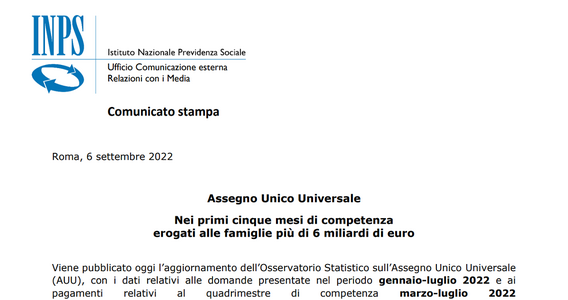 Assegno unico, pagamenti oltre 6 miliardi di euro: i dati INPS di settembre 2022
