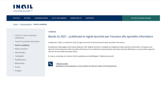 Bando ISI INAIL 2021, pubblicate le regole tecniche per l'invio della domanda