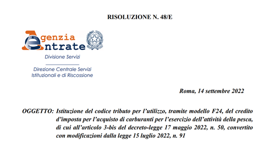 Bonus carburante secondo trimestre 2022 per le imprese della pesca: il codice tributo per l'utilizzo