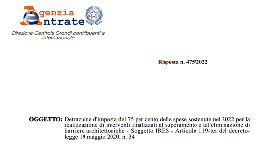 Bonus barriere architettoniche 75 per cento: via libera ai soggetti IRES