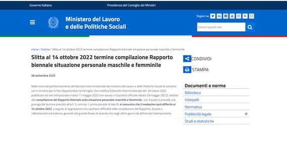 Pari opportunità, rapporto biennale su personale maschile e femminile in scadenza il 14 ottobre 2022