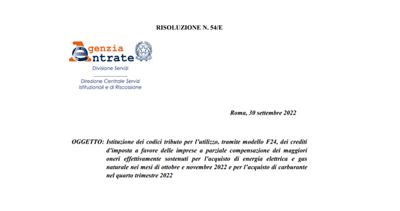 Bonus energia 2022 nel Decreto Aiuti ter: per ogni credito d'imposta un codice tributo