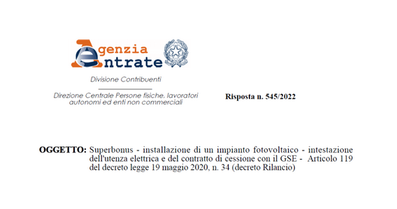 Fotovoltaico e superbonus: ok anche con utenza e contratto di cessione con GSE intestati al comproprietario