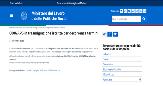 ODV e APS iscritte al RUNTS: l'elenco del Ministero del Lavoro