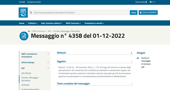 Contributi INPS sospesi per società sportive: proroga del versamento al 22 dicembre 2022