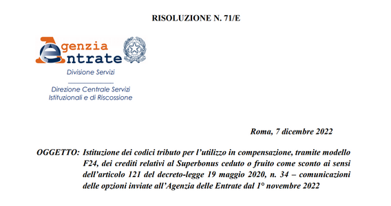 Superbonus, un nuovo codice tributo per cessione o sconto in fattura con comunicazione da novembre 2022