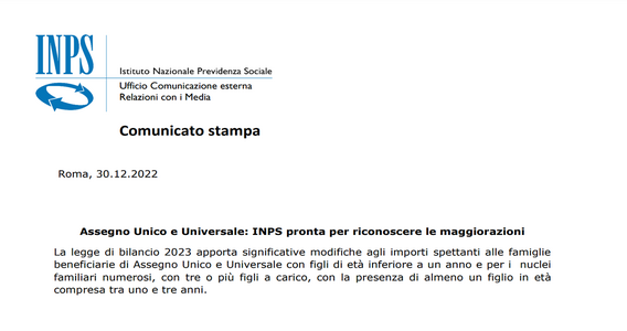 Assegno unico: quando arrivano gli aumenti della Legge di Bilancio 2023? Risponde l'INPS
