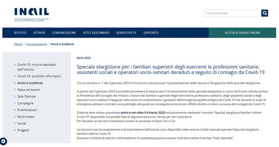 Contributo per familiari dei sanitari deceduti per COVID: domanda in scadenza il 4 marzo, istruzioni INAIL