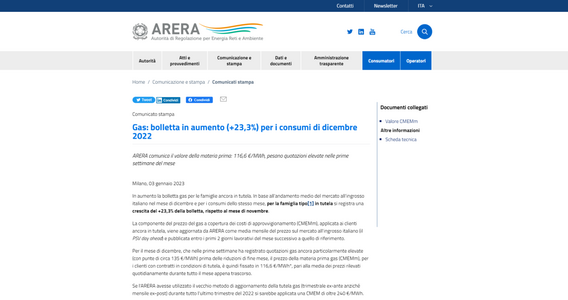 Bolletta gas, aumento del 23,3 per cento nel mese di dicembre 2022