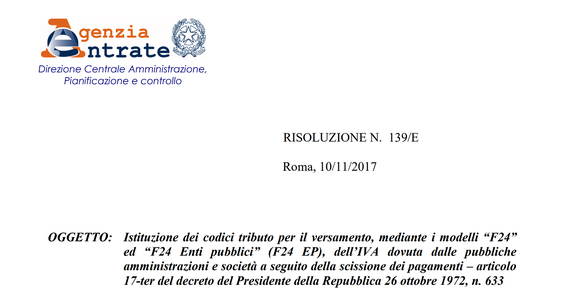 Split payment: codici tributo versamento Iva PA e società