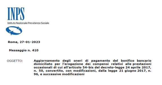 Prestazione occasionale, aggiornati gli oneri per il pagamento con bonifico bancario